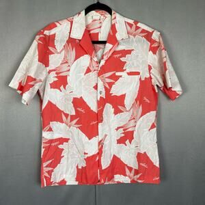Women's Vintage Aloha Hawaiian Fashions Coral White Tropical Button Up Blouse- M